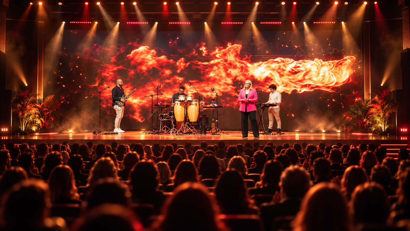 El escenario de Rebirth con pantallas de fuego, la banda en plena actuación y el público en primer plano