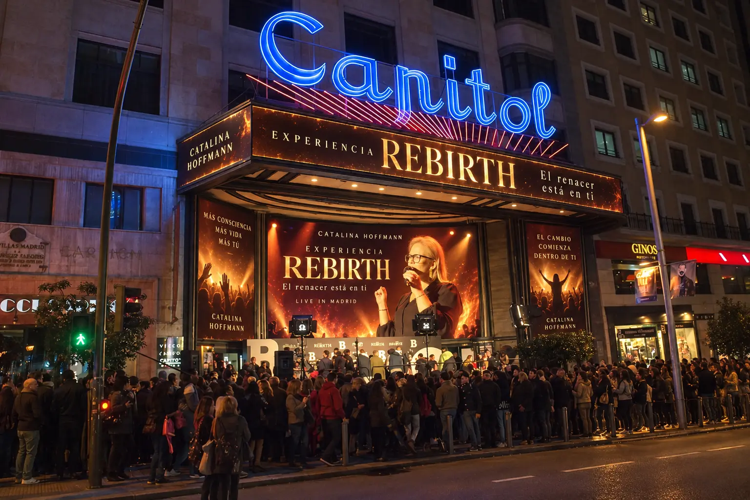 Fachada del Teatro Capitol de Madrid de noche, con la marquesina de Experiencia REBIRTH iluminada y el público congregado en la Gran Vía